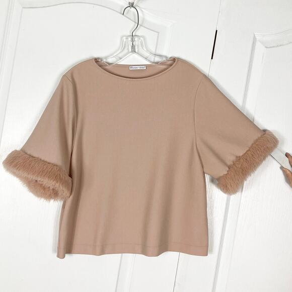 NWOT ZARA Blouse Top Women M Beige Half-Sleeve Faux Fur Trim Cuffs Boxy Fit - Picture 2 of 10